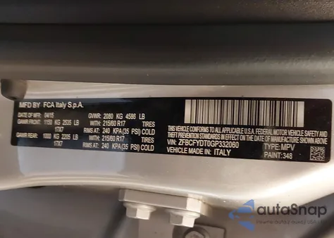 2016 Fiat 500X Lounge из США, поврежденный, VIN ZFBCFYDT0GP332060